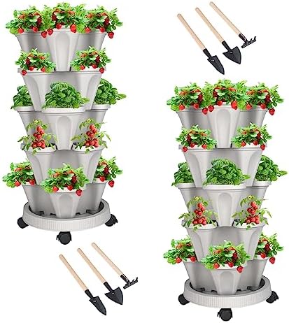 DUNCHATY Stackable Planter, Vertical Garden Planter with Wheels and Garden Tools, Strawberry Planter Indoor/Outdoor 5 Tier Herb Planter Pots for Growing Vegetables and Succulents,Gray