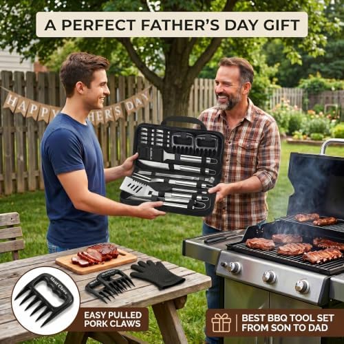 ROMANTICIST 23pcs Heavy Duty Grilling Gifts for Men Dad Fathers Day, Extra Thick BBQ Accessories Tools Set, Stainless Steel Grill Utensils Kit with Meat Claws,Canvas Bag for Outdoor Camping Silver