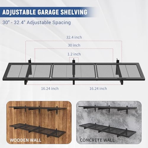 Garage Wall Shelf, Heavy Duty Garage Shelving, 46"X 12.5" Wall Mounted Shelves, Metal Floating Storage Rack with 4 Hooks, Utility Organizer Max Load 160 LBS for Laundry Room, Basement, Workshop