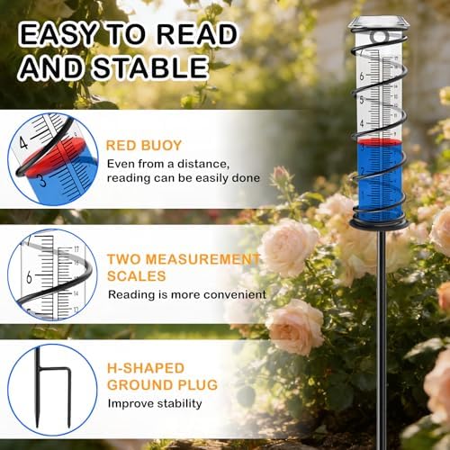 JMBay Upgrade Rain Gauge, Detachable Spiral Rain Gauge Outdoor, Rain Measure Gauge for Yard, Large Number Rain Water Meter, Thickened Plastic Rain Gauge with Stake and Metal Frame for Patio,Lawn