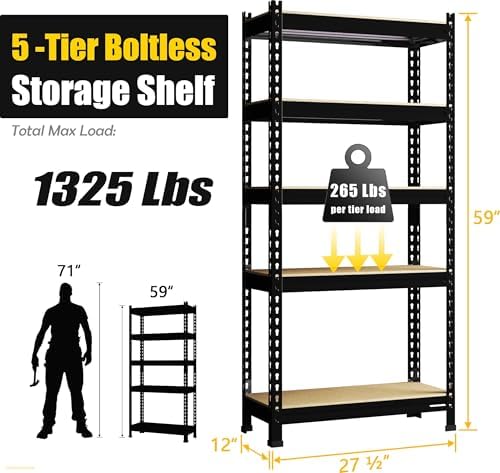 PrimeZone 5 Tier Garage Shelves for Storage, Adjustable Metal Shelf, Black