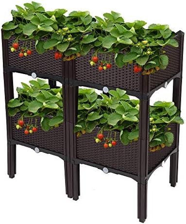 VINGLI Square Raised Garden Bed, Self-Watering Plastic Planter for Indoor Outdoor Vegetables, Fruits, Potato, Flowers, All Weather (4 Pcs)