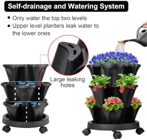 GameXcel Vertical Planter Tower - 3 Tier Stackable Garden Planters with Wheels and Garden Tool Set Plant Pots for Strawberry Herb Flower and Vegetable Indoor Outdoor Use Black