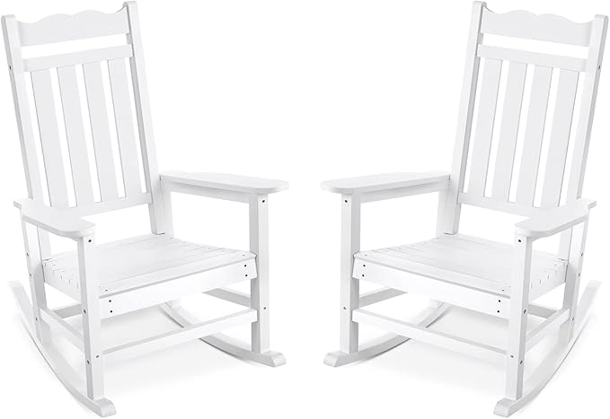 Stoog Set of 2 Outdoor Rocking Chairs, HIPS Plastic Porch Rocker with 400 lbs Weight Capacity, for Backyard, Fire Pit, Lawn, Garden and Indoor (White)