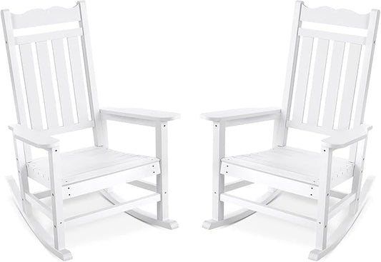 Stoog Set of 2 Outdoor Rocking Chairs, HIPS Plastic Porch Rocker with 400 lbs Weight Capacity, for Backyard, Fire Pit, Lawn, Garden and Indoor (White)