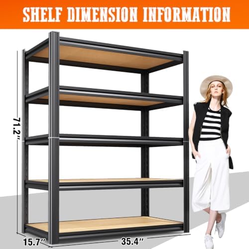 5 Pack Garage Shelving Heavy Duty 5T Storage Shelves, Metal Adjustable Shelving Unit, Utility Garage Organizer Shelf for Basement, Pantry, Kitchen, Warehouse, 15.7" Dx35.4 Wx71.2 H, Black