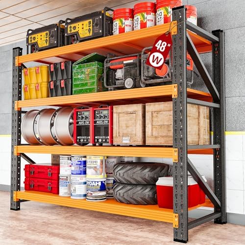 48" Wide Heavy Duty Garage Shelving Units,3000LBS Deep Storage Shelves,Orange Metal Garage Shelves,Large Storage Rack,Steel Shelf,Industrial Shelving for Shop,Warehouse,Basement,48" W x 24" D x 70" H