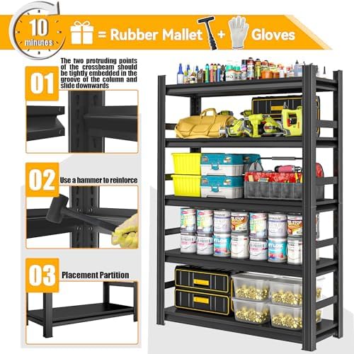 Heavy Duty Metal Garage Shelving Unit, 5 - Tier Adjustable Large Storage Shelves, 3000LBS for Garage & Basement and Pantry Industrial Steel Rack, Ideal for Tool Organization & Storage, Black, 72"H
