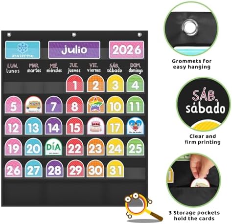 Mewise 20" x 24"Monthly Calendar Pocket Chart Classroom,Monthly Calendar Pocket Chart with Cards for Classroom/Teacher Must Haves Supplies/Classrooms Decor(Spanish Black)