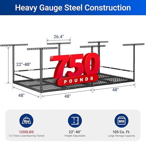 FLEXIMOUNTS 4x8 Overhead Garage Storage Rack with Safety Rails, Hammertone