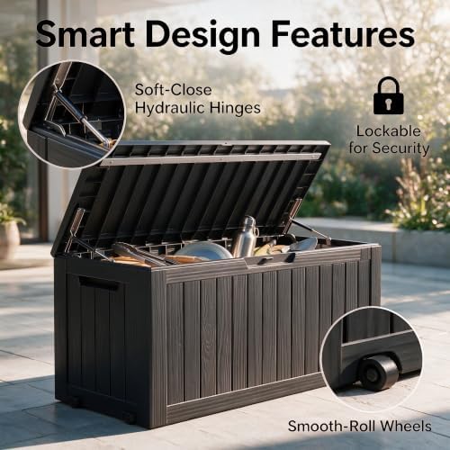 92 Gal Deck Box,Waterproof Resin Outdoor Storage Gas Lift,Lockable Black