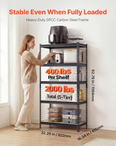 VEVOR Storage Shelves, 5-Tier Adjustable, 2000 lbs Capacity, Heavy Duty Garage Storage Shelving Unit, Metal Utility Rack Shelf, for Kitchen Pantry Basement Bathroom, 32.36" W x 16.34" D x 62.76" H