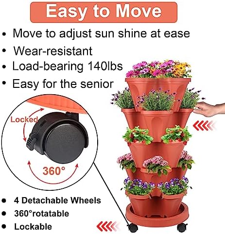 DUNCHATY 5 Tier Plant Pot, Vertical Garden Planter, Strawberry Planter, Indoor/Outdoor Planters, 2 Set, Brick Red, 29 x 13.6 x 13.6 inches