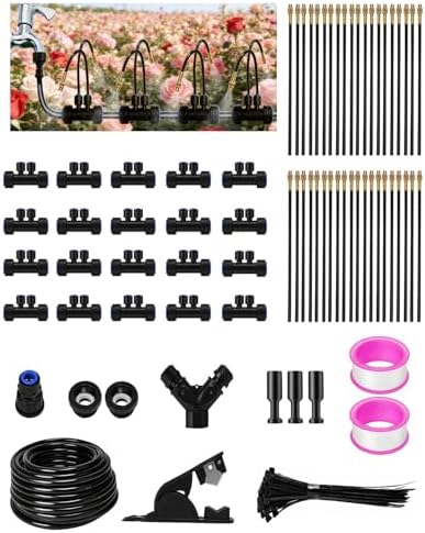 66FT Drip Irrigation System with 40 Nozzles, Automatic Drip Irrigation Kit, Garden Watering System with Dual-Head 360° Bendable Spray Nozzles for Lawn, Raised Bed (66FT, 40 Nozzles)
