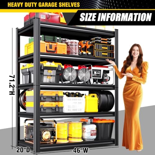 Set of 6 Heavy Duty Garage Shelving, 71.2" Hx46 Wx20 D, Adjustable Storage Shelves Unit for Garage Storage, Metal Shelving & Shelves Organizer for Home, Warehouse, Workshop & Commercial Use