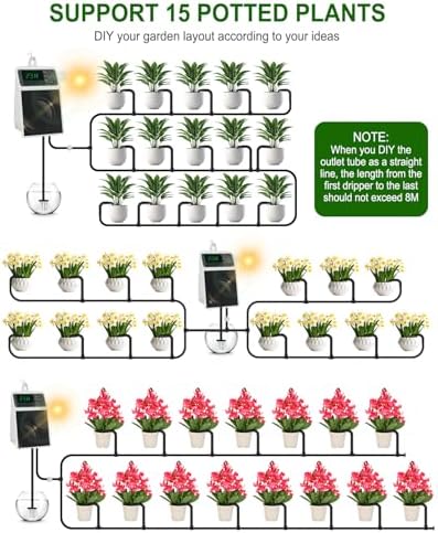 Solar Automatic Drip Irrigation System, 15 Pot Self Watering System with 2200mAh, IPX5 Waterproof, USB-C & Solar Charging, Timer Modes for Indoor/Outdoor Garden, Balcony & Patio