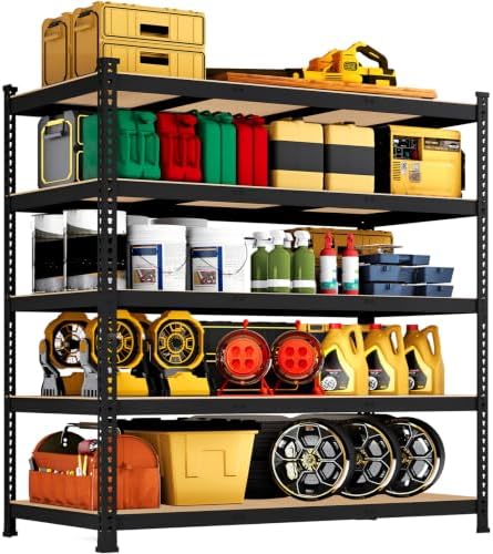 48" W x 18" D x 72" H Garage Shelving Heavy Duty - 5 Tier Metal Storage Shelves, Adjustable Shelving Unit, Utility Rack Shelf for Pantry, Warehouse, Closet, Office, Kitchen, Black