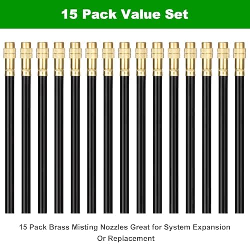 Brass Misting Nozzles for 5/16 Inch Drip Irrigation Tubing, 360° Adjustable Rotating Sprayers for Garden, Greenhouse & Outdoor Cooling, 15 Pack