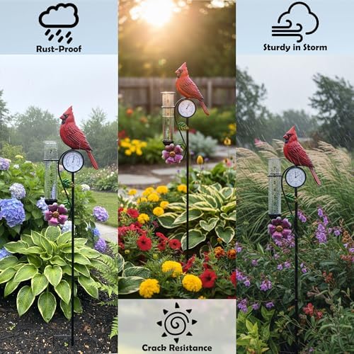 40" Garden Rain Gauge - 7" Glass Tube for Outdoor Indoor Use, Patio Yard Decor Statue,Metal Red Bird Rain Gauge.