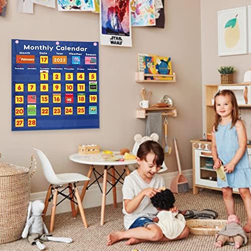 Daily Morning Board Monthly Calendar Pocket Chart Classroom,Monthly & Weather Pocket Chart,Monthly Calendar Pocket Chart with Cards for Classroom Supplies (Blue)