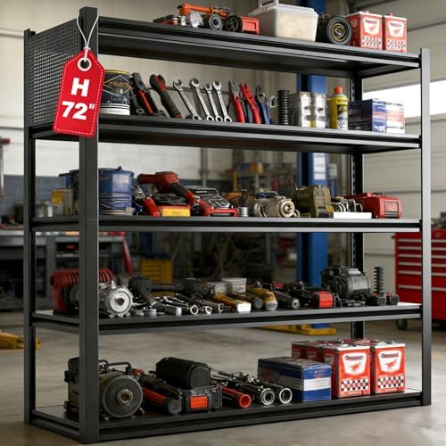 Metal Garage Shelving Unit, Heavy Duty Adjustable Industrial Storage Shelves, Steel Storage Rack for Garage, Warehouse, Basement, Black, 72" H x 47.2" W x 23.6" D, 1 Pack