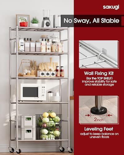 Sakugi 5-Tier Storage Shelves 33.1" x12.6' x73.5 Silver with Wheels