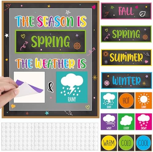 Colorful Chalkboard Season and Weather Calendar Bulletin Board Season Calendar Posters with Weather Cards Hook and Loop Dots for Classroom Wall Decor Preschool Kindergarten Student Teacher Supplies
