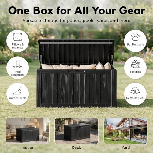 92 Gal Deck Box,Waterproof Resin Outdoor Storage Gas Lift,Lockable Black