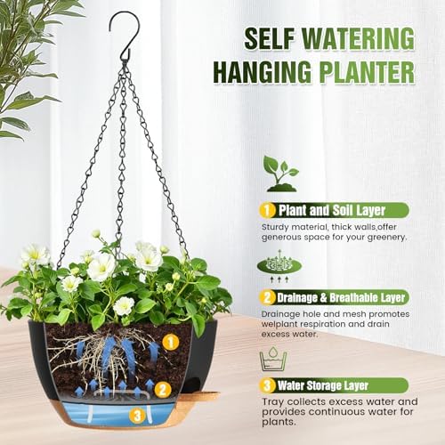12 Inch Large Self Watering Hanging Planters 2 Pack with Saucers