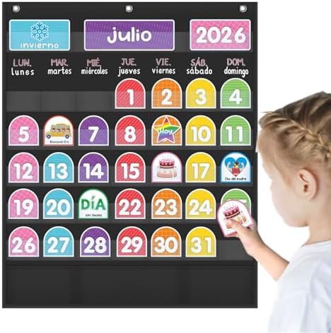 Mewise 20" x 24"Monthly Calendar Pocket Chart Classroom,Monthly Calendar Pocket Chart with Cards for Classroom/Teacher Must Haves Supplies/Classrooms Decor(Spanish Black)