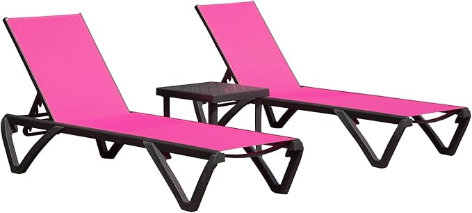 Domi Outdoor Lounge Chair, Aluminum Plastic Patio Chaise Lounge with Side Table & 5 Position Adjustable Backrest & Wheels, All Weather Reclining Chair for Outside Beach Poolside Lawn, Rose Red