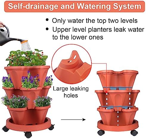 GameXcel Vertical Planter Tower - 3 Tier Stackable Garden Planters with Wheels and Tools Plant Pots for Strawberry Herb Flower and Vegetable Indoor Outdoor Use Red