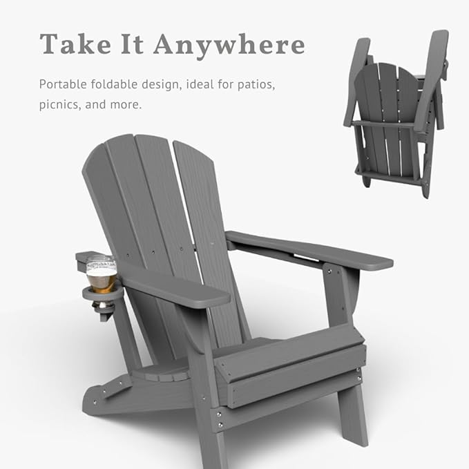 Folding Adirondack Chair with Cup Holders, HDPE Plastic Outdoor Chairs, Weather Resistant, Real Wood Look for Patio, Deck, Fire Pit, Backyard, Gray
