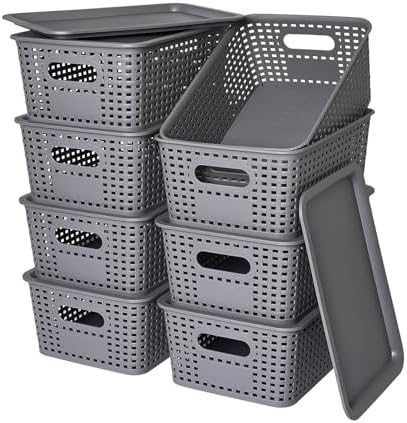 Ohmlove 8 Pack Plastic Storage Baskets with Lids for Organization