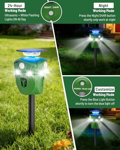 360° Solar Deer Repellent Device for Yard & Garden – No Blind Spot Motion Sensor to Keep Deer, Raccoons & Cats Away, Waterproof Ultrasonic & Flashing Light Outdoor Animal Repellent