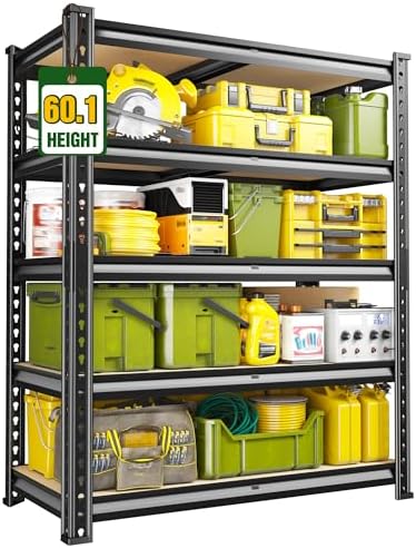 Garage Storage Shelves 60.1"H, 1990LBS Storage Shelves, 5 Tier Adjustable Storage Rack, Metal Shelves for Storage, Living Room, Pantry, Basement, Closet, Workshop Shelving 27.5" W x 11.9" D, Black