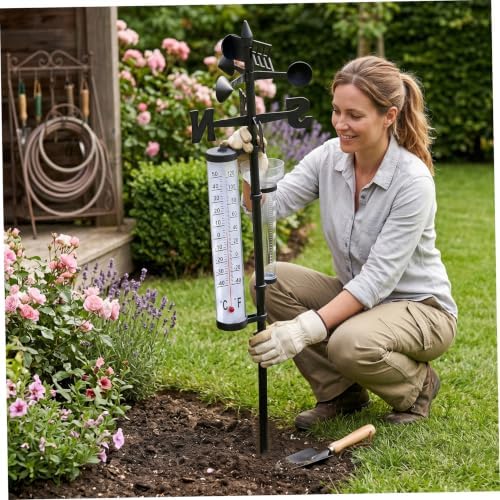 Weather Station - 3 in 1 Garden Thermometer Rain Wind Indicator with Stake, Fahrenheit/Celsius