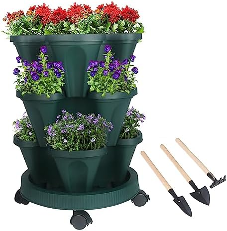 GameXcel Vertical Planter Tower - 3 Tier Stackable Garden Planters with Wheels and Tools Plant Pots for Strawberry Herb Flower and Vegetable Indoor Outdoor Use Green