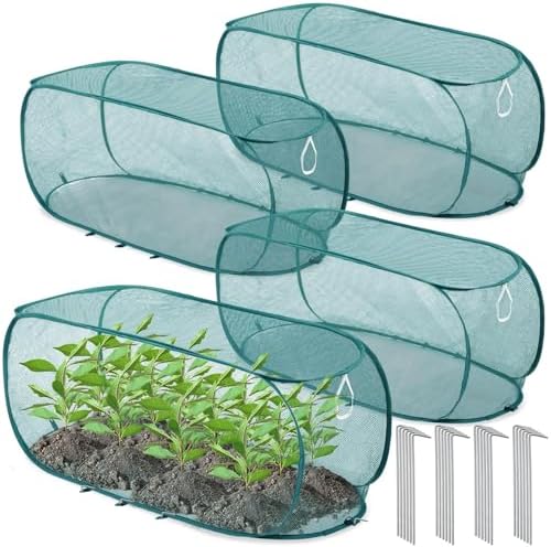 Threehoney 4 Pcs 45'' x 20'' x 18'' Pop up Garden Mesh Plant Cover Outdoor Plant Protector Garden Row Raised Bed Cover with Ground Nails Crop Cage Net for Seedlings Vegetable Fruit Herbs (Dark Green)