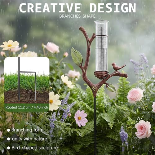 Outdoor Rain Gauge with Metal Branch Stake - 7" Freeze-Proof Water Measuring Tube - Metal Rain Measure Tool - Gardening Gifts for Women - Decorative Rainfall Tracker for Garden Yard & Lawn Decor