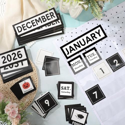 Sinload Black and White Classroom Calendar Black Calendar Pocket Chart Set