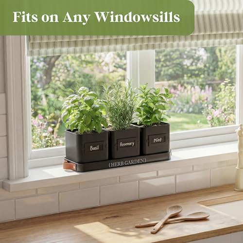 PERFNIQUE Indoor Herb Garden, Herb Planter Set with Tray, Farmhouse Indoor Plant Pots, Windowsill Herb Garden with Drainage(Planter only) for Indoor/Outdoor, Window Pots(Matte Black)