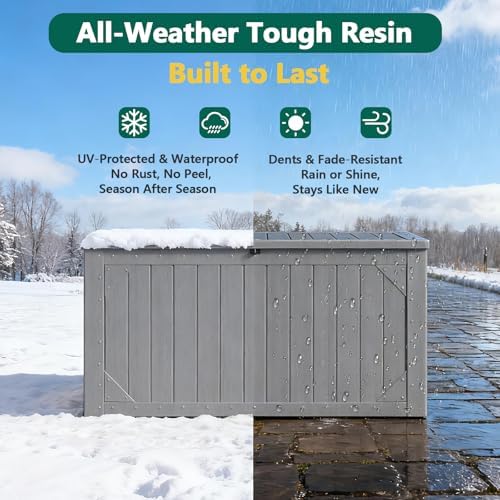 Outdoor Storage Box, 98 Gallon Deck Box, Outdoor Storage Bench, Waterproof Resin Storage Bench with Lockable Lid, Patio Furniture Cushions & Garden Tools Storage, UV Resistant (Gray)