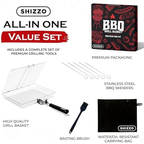 SHIZZO Grill Basket Gift Set with Skewers, Basting Brush, Gift Box