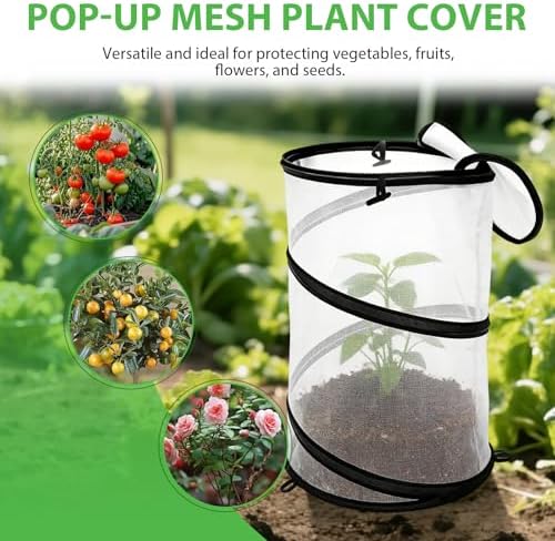 Hoypeyfiy 4 Pcs Pop Up Insect & Bird Barrier Plant Cover Net, 24"x12" Round Foldable Mesh Protector, Garden Cage Guard with Stakes & Carry Bag, Keep Animals & Birds Out for Vegetables and Flowers