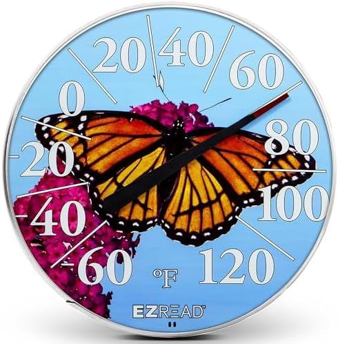 EZREAD Hanging Dial Thermometer 840-1235 Weather Thermometers for Indoor and Outdoor Use, Large 12.5 Inch Diameter, Easy to Read Numbers, Butterfly
