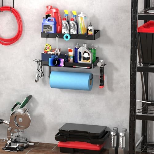 ZUNTO Pack of 2 Black Paper Towel Holder and Organizer Shelf for Garage, Wall Mounted Paper Roll Holder with Shelf and Hooks, Drilling Garage Organization and Storage