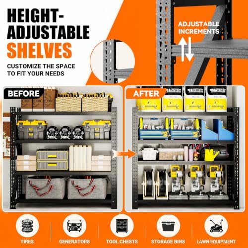 5000LBS Garage Shelving, 71" W Heavy Duty Metal Adjustable 4 Tier Storage for Warehouse, Basement, Shop and Office, Commercial-Grade Industrial Shelving, 71" W x 24" D x 69" H