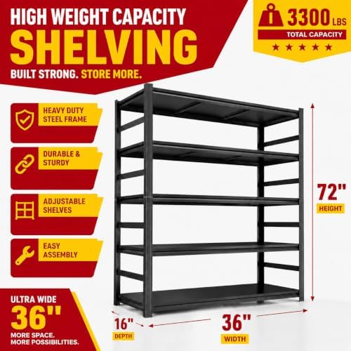 Garage Shelving, 3300 LBS Storage Shelves with Side Guard