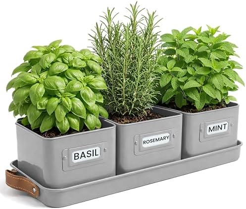 volila Herb Planter Indoor - Set of 3 Grey Indoor Herb Garden Pots for Plants with Leather Handled Tray - Window Sill Plant Shelf - Herb Pots with Drainage Holes and Labels